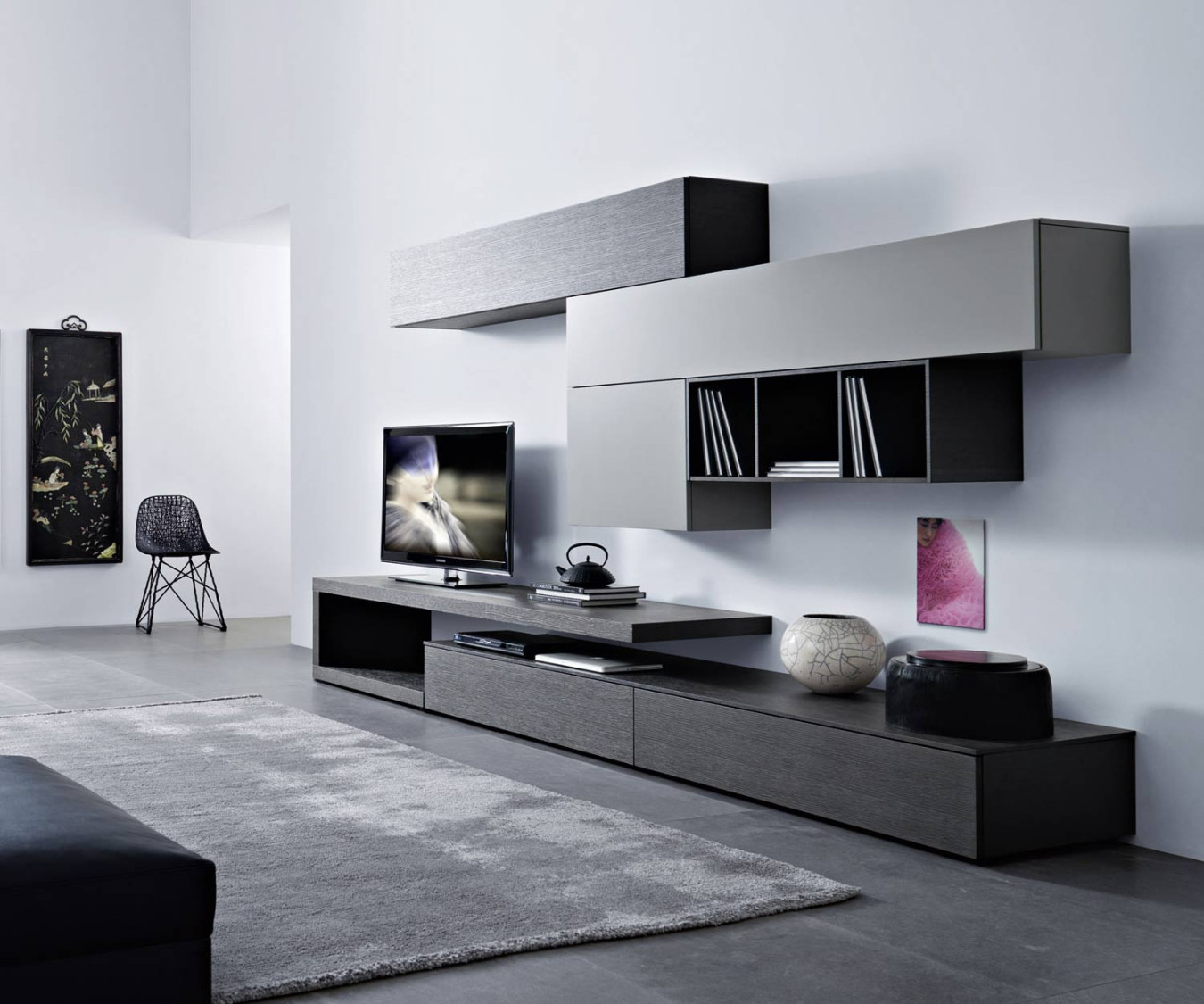 Modern design wall unit with Carbone oak and TV board